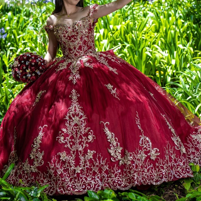 Red Quinceanera Ball Gown Gold Sequin Applique Beads Off The Shoulder Party Dresses vestidos 15 de quinceaneras Sweet 16 Dress