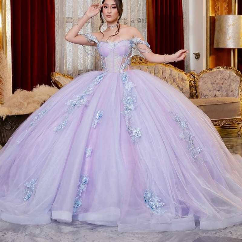 Lilac Quinceanera Dresses Sweetheart Off The Shoulder Applique Bow Beads Tull Puffy Party Ball Gown Vestidos De XV 15 Anos