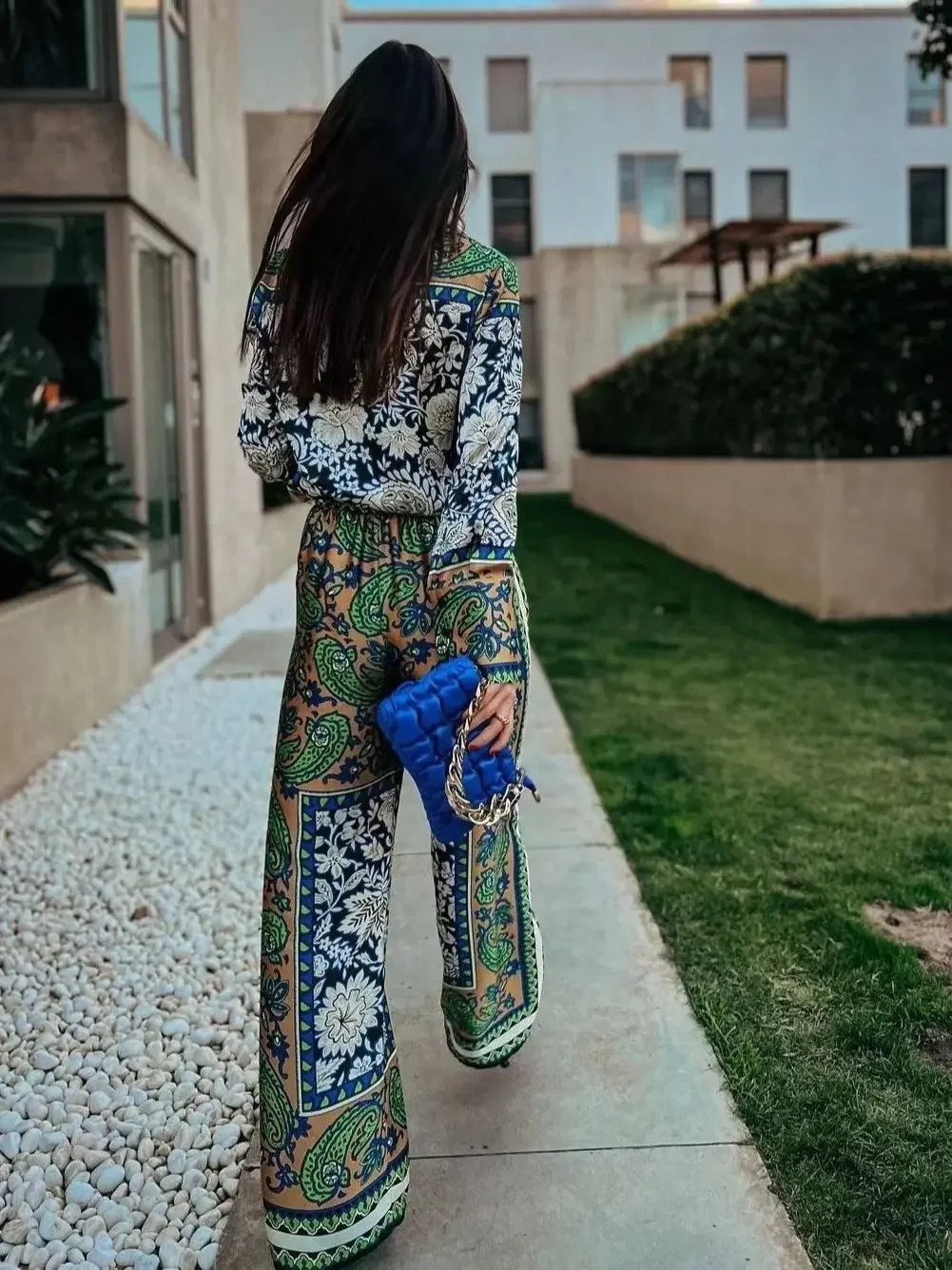 KONDALA Vintage Green Floral Women Suits Long Sleeve Single Button Loose Shirts Women and High Wasit Wide Leg Pants Boho Sets240730