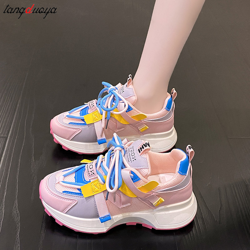 orange Platform Sneakers Women 2023 Spring Breathable Thick Soled Sport Shoes Woman Hip Hop Non Slip Lace Up Casual Shoes pink