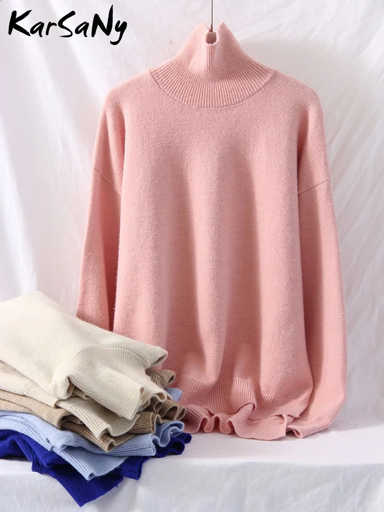 Warm Autumn Turtleneck Sweaters For Women Oversize Solid Pink Pullover Womens Sweater With Split Side Oversized Woman 240730