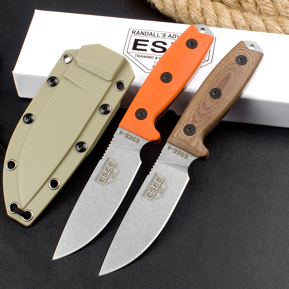 Promotion H2371 ESEE-4 Survival Straight Knife 1095 High Carbon Steel Stone Wash Drop Point Blade Full Tang G10/Micarta Handle Outdoor Fixed Blade Knives with Kydex