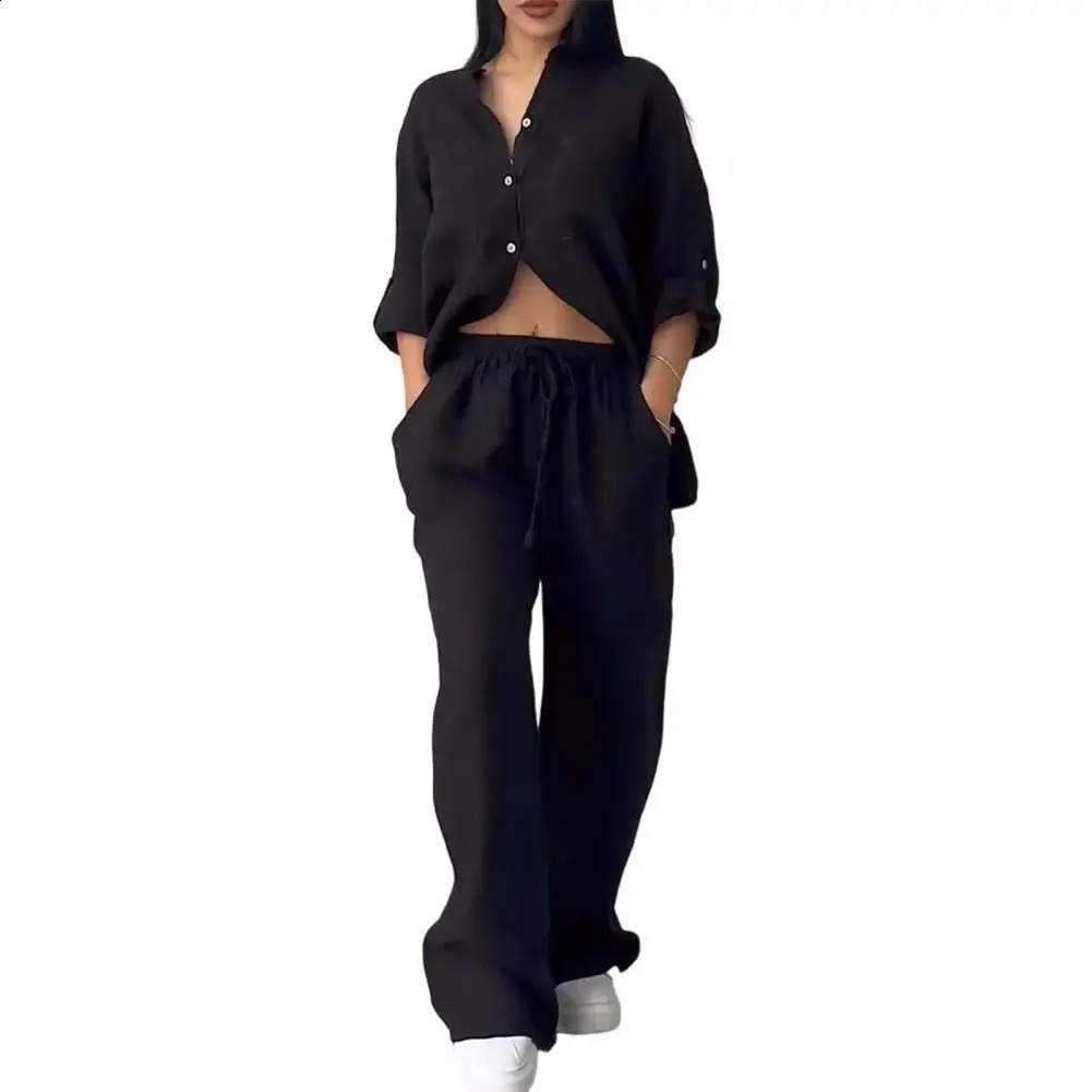 2024 Summer Trend Cotton Linen Shirt Set High Waist Loose Mens Elegant Womens Two Piece 240729