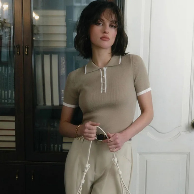 Talenza Womens Knitted Pullover Fashion Short Sleeve Patchwork Sweater Top Elegant Slim Contrast Lapel 240730