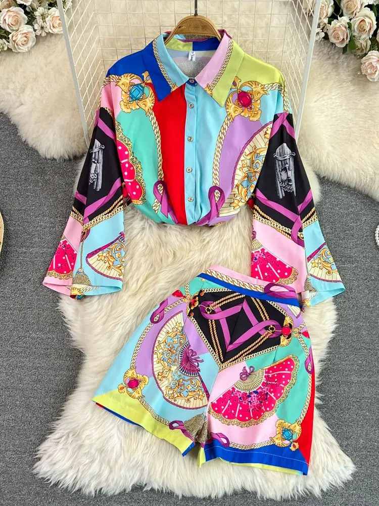 Summer Holidays Blue And White Porcelain Two Piece Suit Women Flare Sleeve Loose Shirt Top Flower Printed Pocket Shorts Sets240730