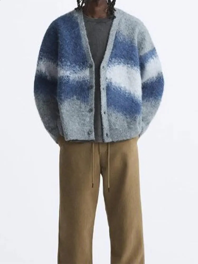Fashion tie dye cashmere sweater cardigan mens long sleeved single chest knitted jacket autumn thick warm wool 240809