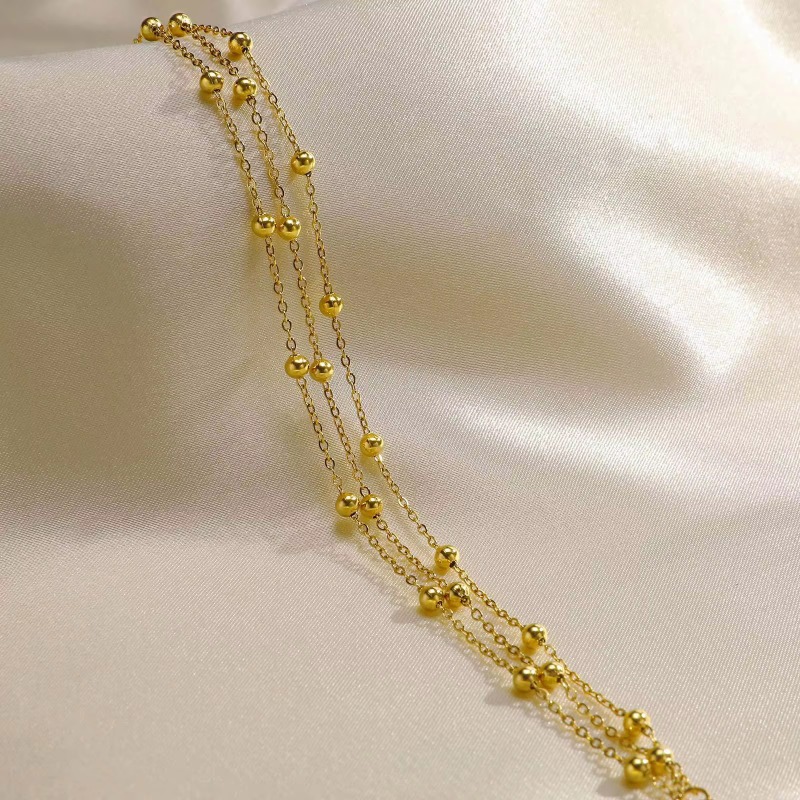 Double Layer Anklet No Fade Waterproof Stainless Steel Jewelry PVD Gold Plated Bead Chain Anklets For Women