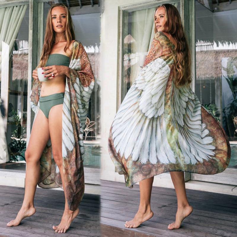 2024 New Chiffon Wings Printed Shawl Beach Hoodie Sexy Cardigan Loose Vacation Sunscreen Dress
