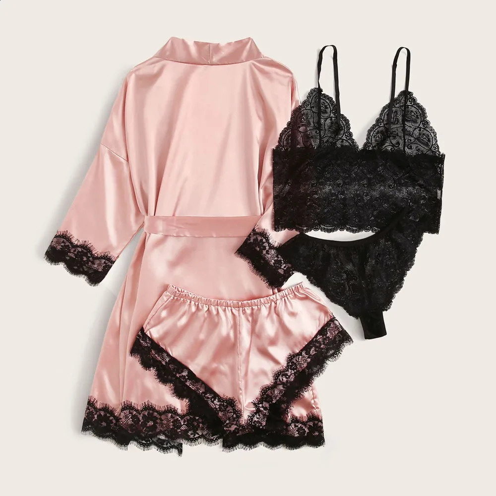 Woman Sleepwear 4pcs Floral Lace Trim Satin Pajamas Set with Robe Sexy Faux Silk Pijamas Robe Sets Casual Home Clothes Nightwear 240730