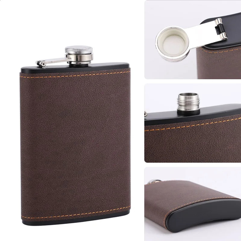 68oz Portable Hip Flask Brown Leather Covered Stainless Steel Flask for Alcohol Whiskey Flasks Man Gift 240729