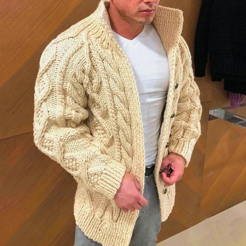 mens autumn and winter sweater long sleeved stand up collar twisted jacquard casual cardigan 240809