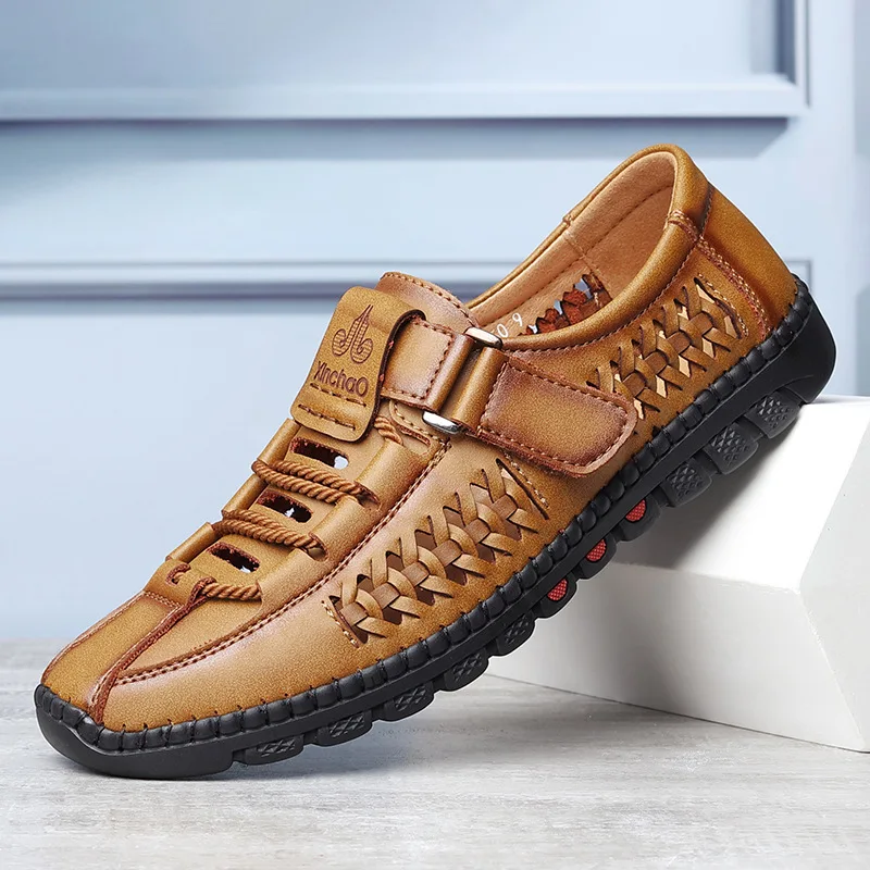 Summer Men Leisure Breathable Comfort Mens Beach Shoes Fashion Solid Hand Sewn Male Flat Casual NEW Leather Sandals 801c