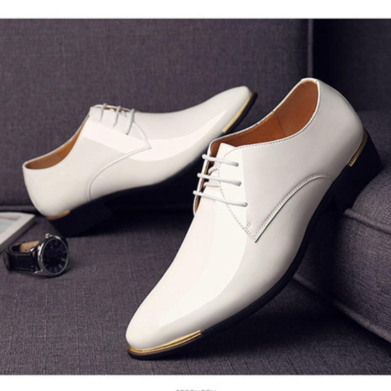 Premium Patent White Wedding Size 38-48 Black Leather Low Top Soft Men Dress Shoes Solid Color New 4 13112