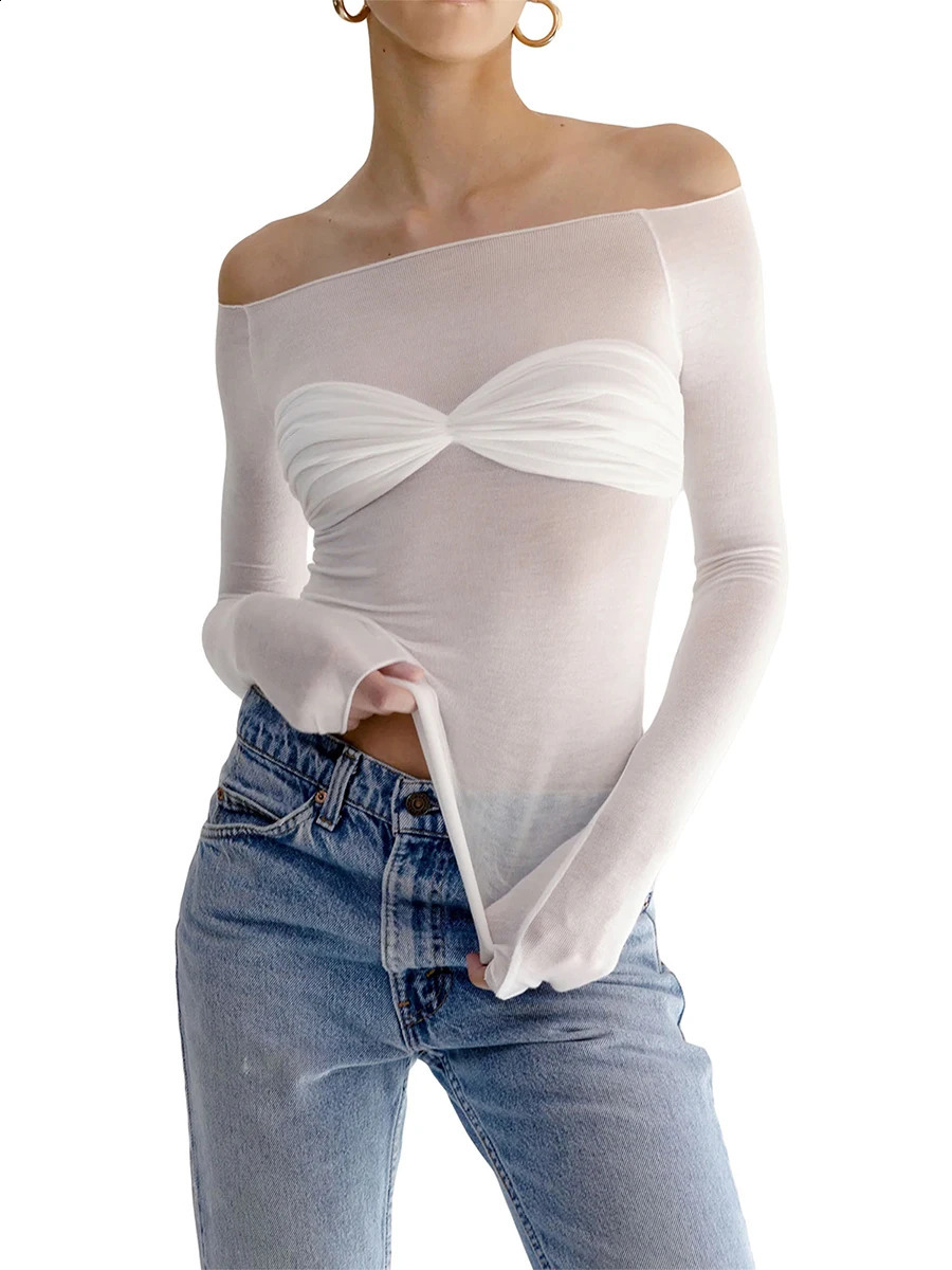 Women Off Shoulder Shirt Y2K White Long Sleeve Slim Fit Top Tee Sexy Streetwear Blouse Tops 240730