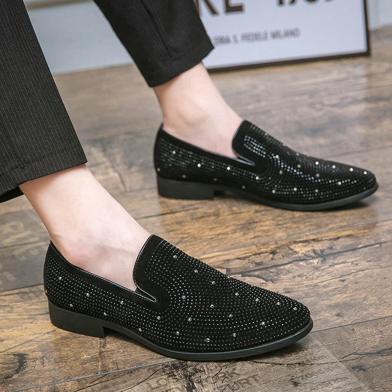 Brand Noble Black Rhinestone Men Dress Shoes Velvet Crystal Luxury Moccasins Men's Loafers Office Business Man Footwear Zapatos