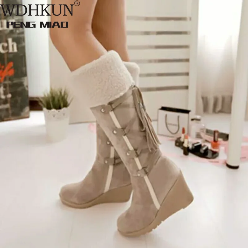 Snow Women 2024 Warm Cotton Shoes Cold Winter Knee High Ladies Wedge Heels Boots 7cm Plus Size 42