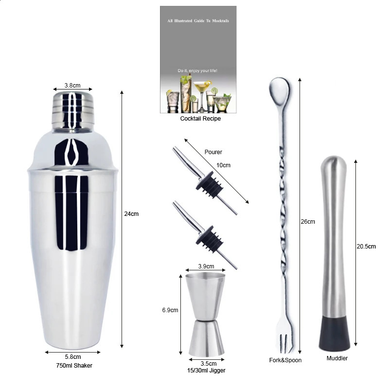 6 Piece 750ml Cocktail Shaker Set Bartender Kit Bartending Bar Shakers with Recipe 240729