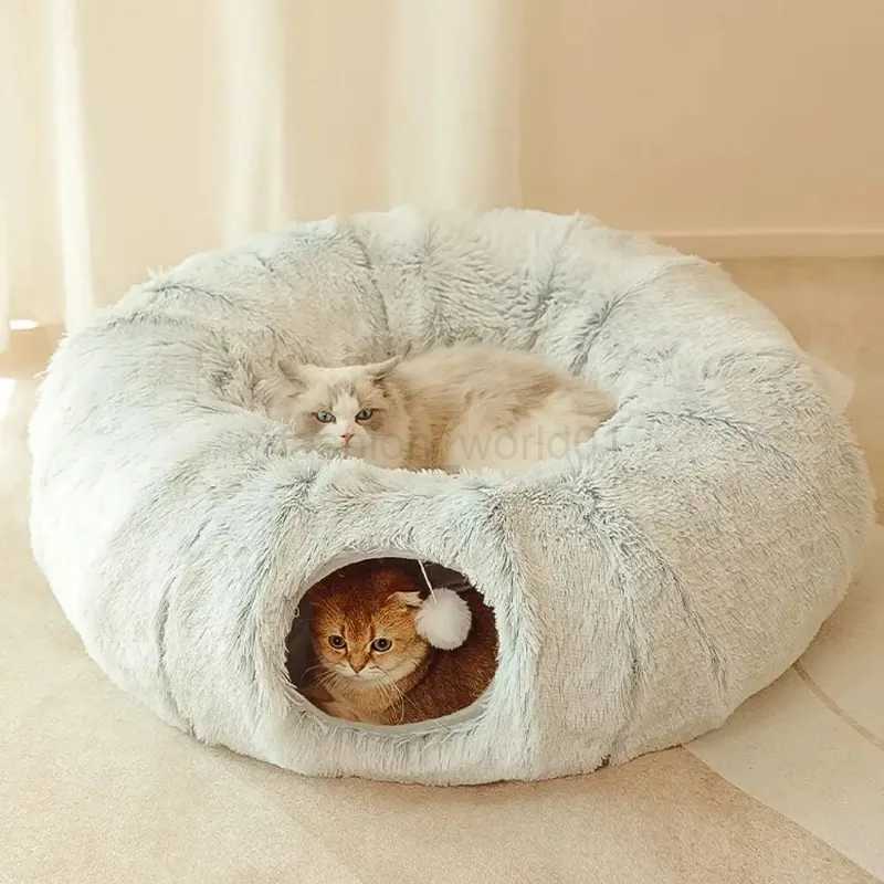Plush cat bed with tunnel suitable for indoor cats multifunctional cat tunnel bed with Peehole fluffy donut cat bed with tunnelX240730