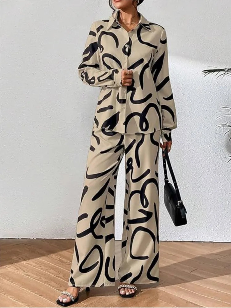 Spring Autumn Fashion Print 2 Piece Sets Women Loose Casual Pants Sets Female Long Sleeve Shirt Wide Leg Pants Two Piece Sets240730