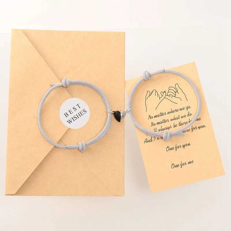 Romantic 2-piece/pair magnet couple bracelet adjustable matching bracelet rope black and white heart-shaped bracelet lover giftW240730