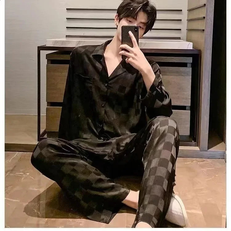 Spring/summer Thin Silk Ice Silk Jacquard Pajama Set For Men Long Sleeve Cardigan Trousers Homewear 240819