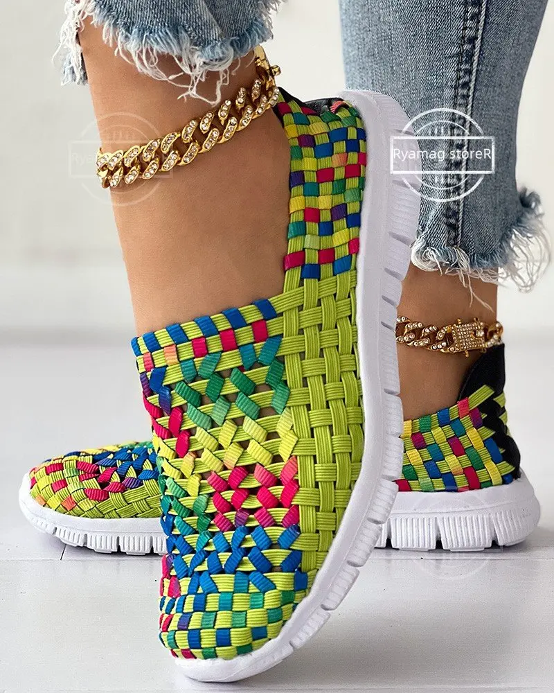 Sneakers women's Colorblock Braided Slip-on Women Flat Shoes Elastic Band Weave Shoes Women Flat Shoes Loafers Zapatos De Muje - view 3
