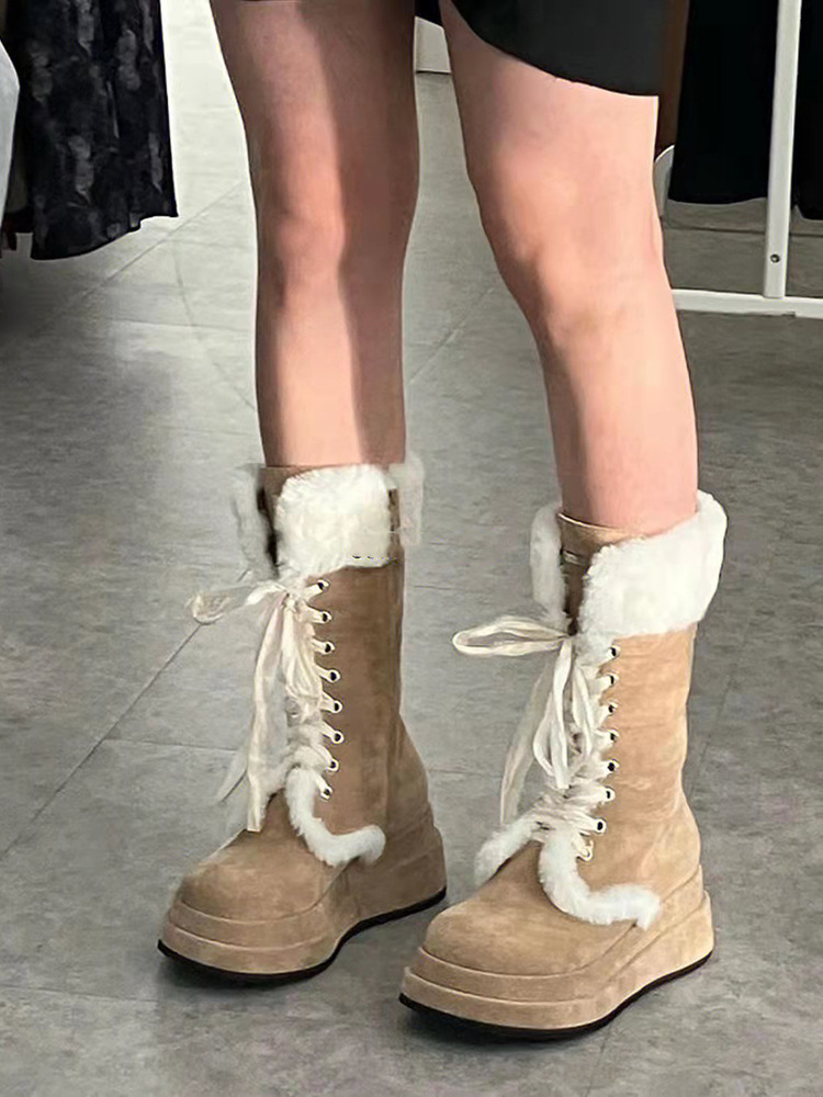 Women Lace-up Thickened Boots Thick-heeled Thick-soled High Warm Snow Comfortable Cotton Shoes 2022 Winter Ladies Girls 6d49