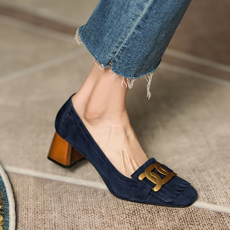 New Women's Faux Suede Fringed Pumps Metal Mid Heels Boat Wood Grain Heel Slip on Dress Shoes Office atos Mujer 1190N
