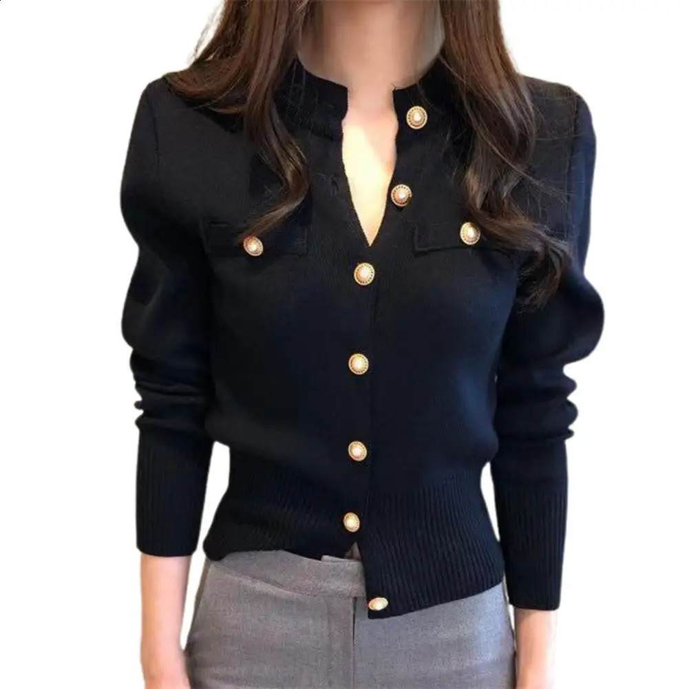 Stand up collar cardigan sweater with decorative pockets womens artificial pearl button solid color knitted jacket 240812