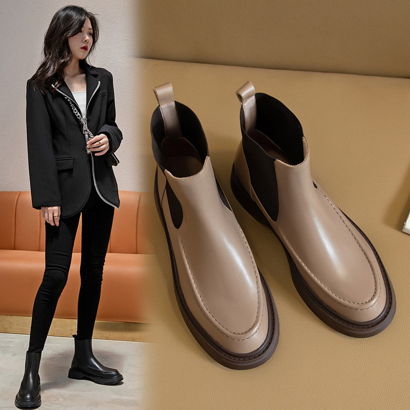 2021 Retro British Style Slip-On Chelsea Boots Genuine Leather Women's Boots Fashion Ankle Boots Round Toe Flat with Women Shoes