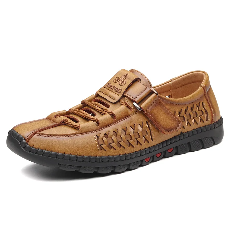 Summer Men Leisure Breathable Comfort Mens Beach Shoes Fashion Solid Hand Sewn Male Flat Casual NEW Leather Sandals 801c