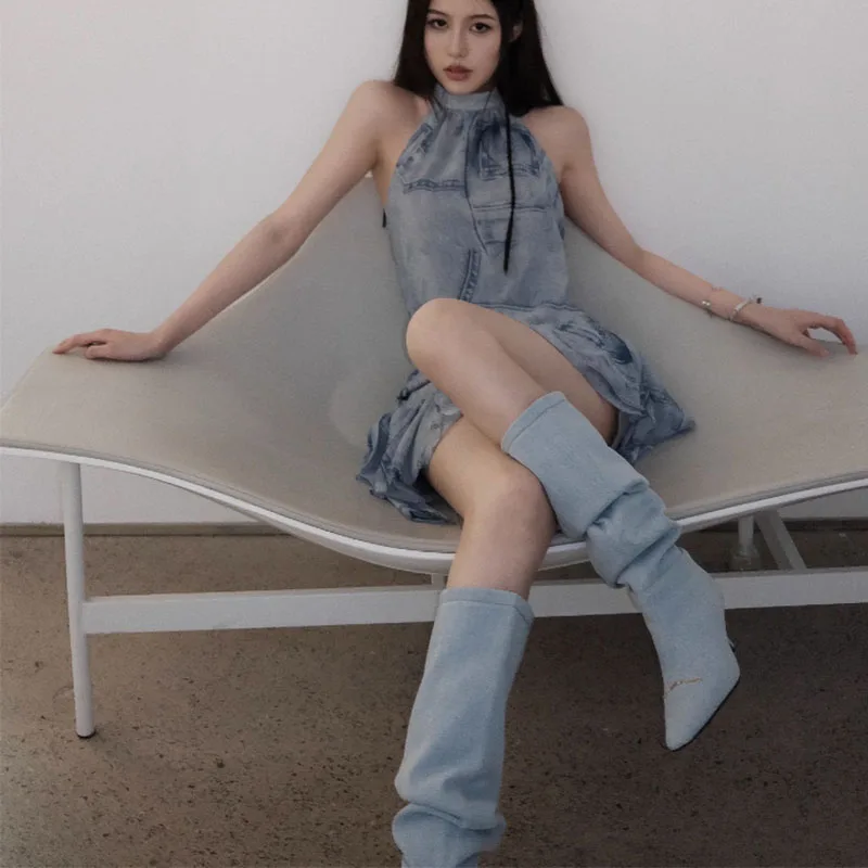 Winter Women Denim Long Boots Fashion Pointed Toe Ladies Elegant Knee High Boots Thin High Heel Knigh Boot NOXYZ16