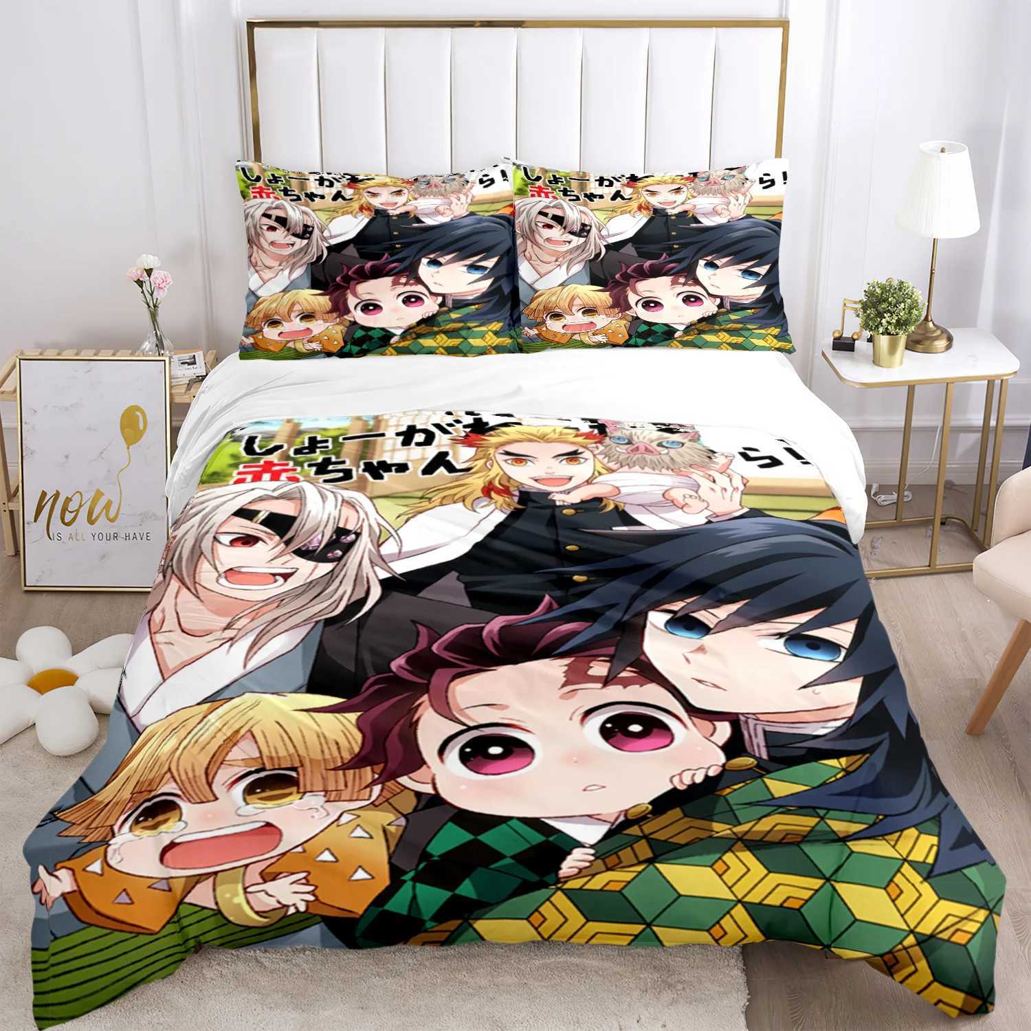 Anime Demon Slayer Print Bedding Set 2/3pieces Nezuko Bed Linen Queen Double Single King Size Duvet Cover Set Kids Adults Gift Y240730