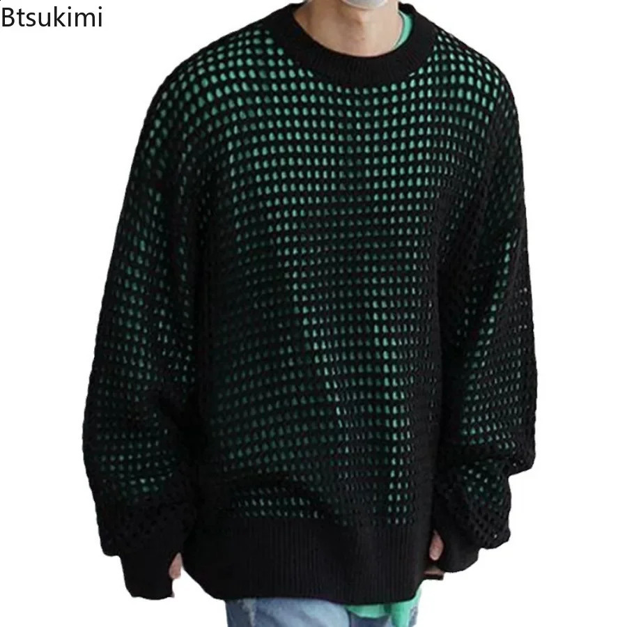 Mens Long Sleeve Knitted Top Sweater with Hollow Out Fishnet Style Retro Casual 240824