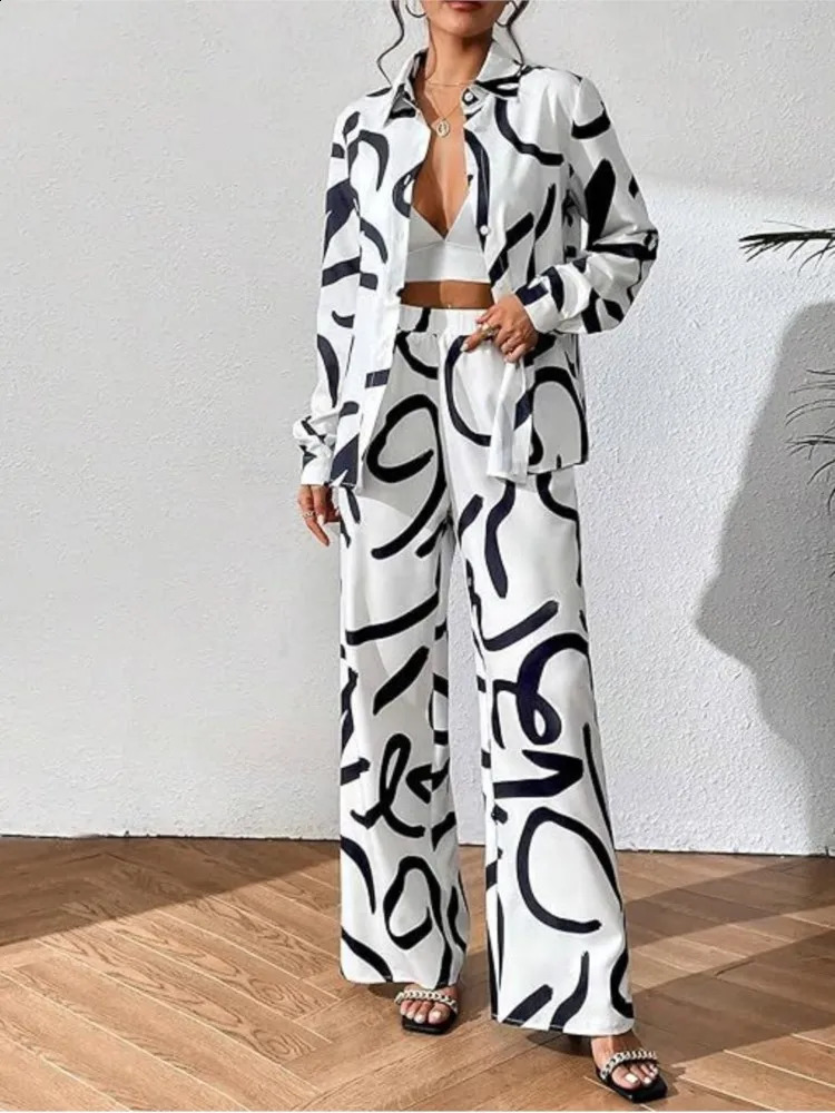 Spring Autumn Fashion Print 2 Piece Sets Women Loose Casual Pants Sets Female Long Sleeve Shirt Wide Leg Pants Two Piece Sets240730