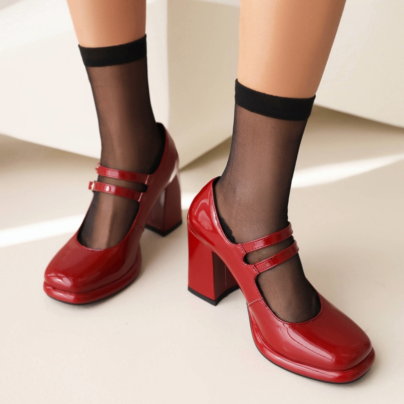 Women's Elegant High Heels Mary Janes Classic Dress Pumps Black White Block Heeled Wedding Office Shoes Female Large Size 20c2