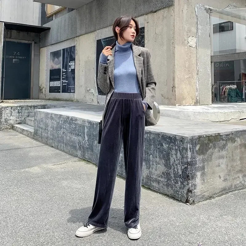 Casual Women Pants Velvet Pants Autumn Long Straight Wide Soft Leg Trousers Elastic Waist Female Sweat Pants Women 240730
