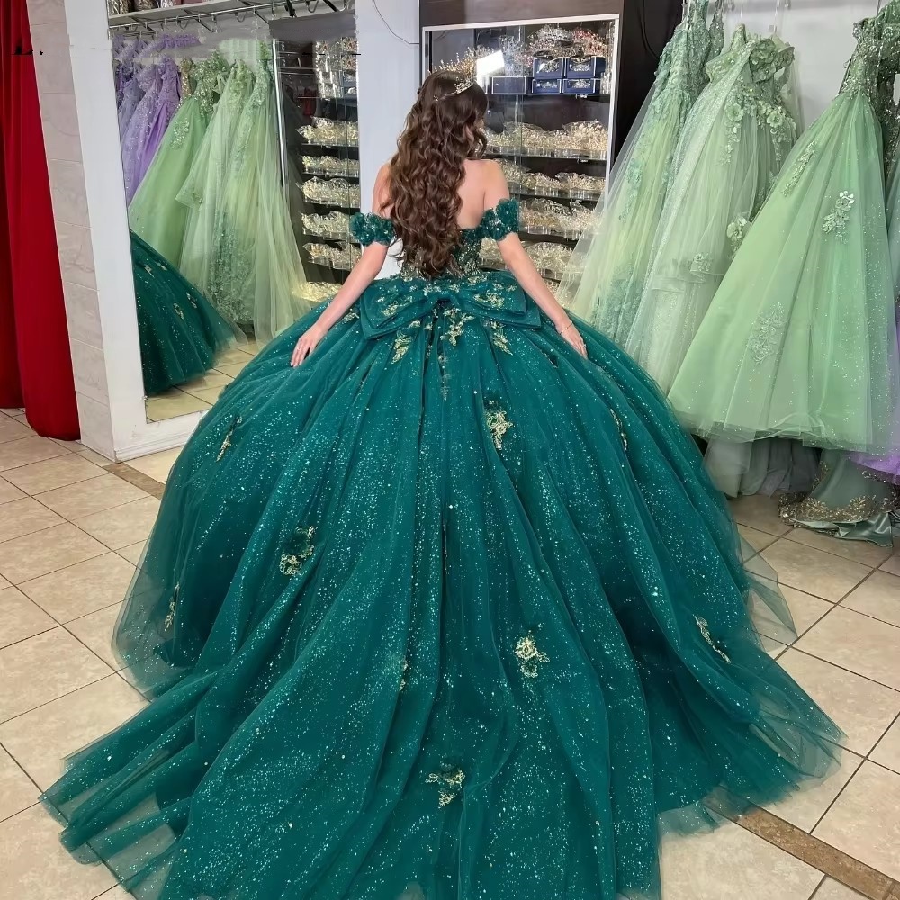 Elegant Dark Green Quinceanera Dresses Ball Gown Shiny Lace Applique Beading Bow Corset Sweet 16 Vestidos De 15 Anos