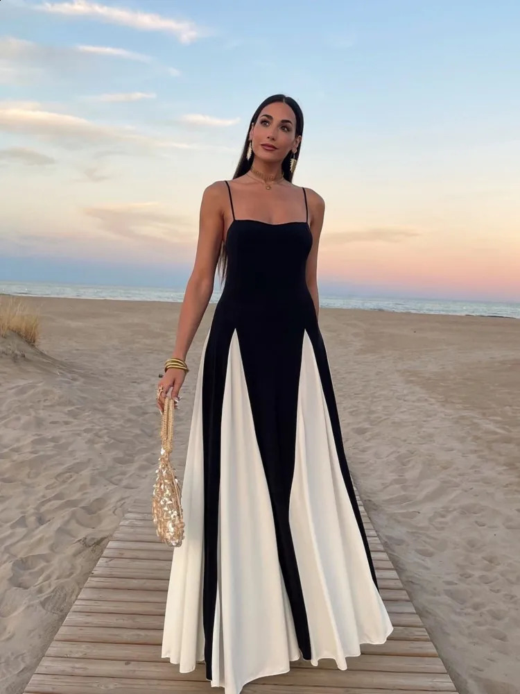 Elegant Black White Contrasting Women Sling Dress Fashion Backless Sleeveless High Waist Maxi Dresses Female Party Aline Robes 240826