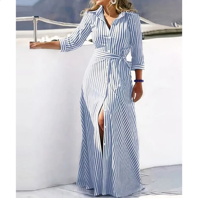 2024 Spring Fashion Long Sleeved Print Lace-Up Shirt Dress For Women Turn Down Collar Single Breasted Maxi Dress Femme Robe240730