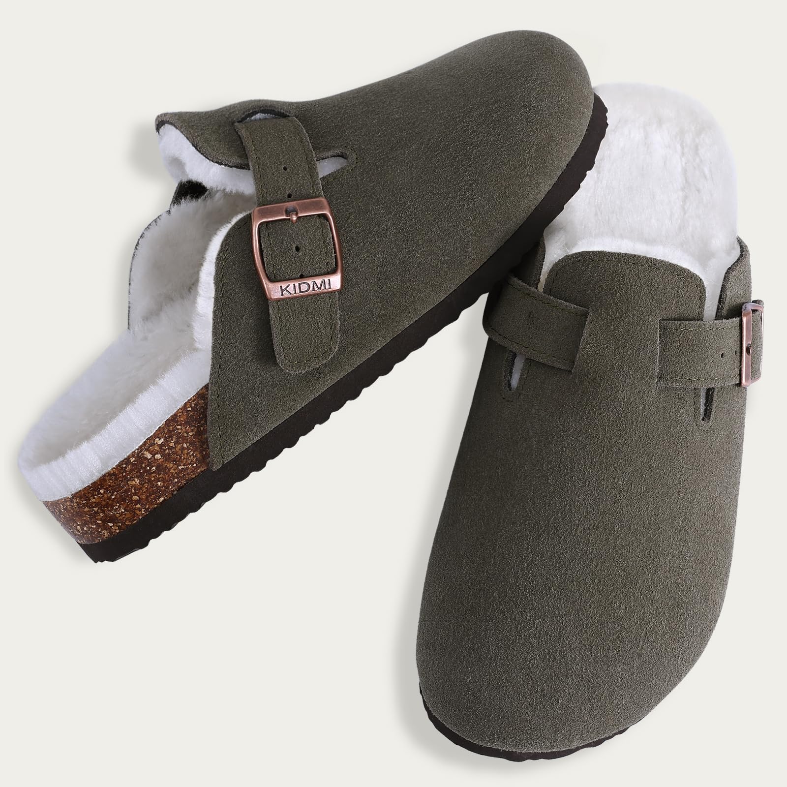 Comwarm Women's Fur Clogs Fuzzy Cork Footbed Mules Men Fashion Suede Flats Slippers Slip On Winter Potato Shoes