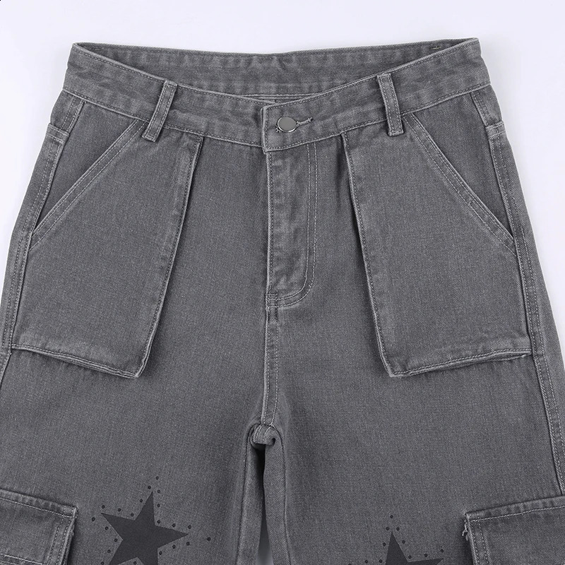 SUCHCUTE Y2K Streetwear Pockets Up Cargo Jeans Gray Star Print Low Rise Gothic Straight Pants Denim Grunge Baggy Pant Vintage 240806