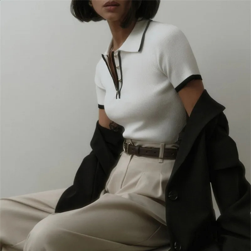 Talenza Womens Knitted Pullover Fashion Short Sleeve Patchwork Sweater Top Elegant Slim Contrast Lapel 240730