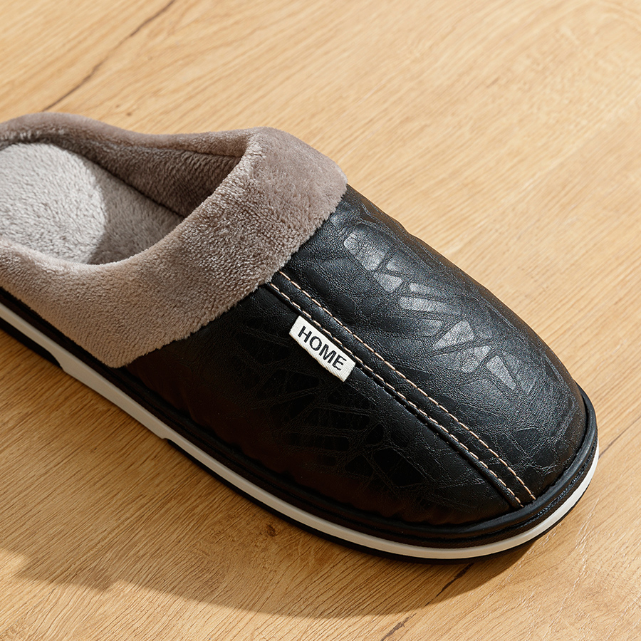 Men's Slippers Winter Big Size Indoor Waterproof PU Leather Large Sizes Home Cotton Shoes Fur Flat Cotton Bedroom Houseshoes 05C