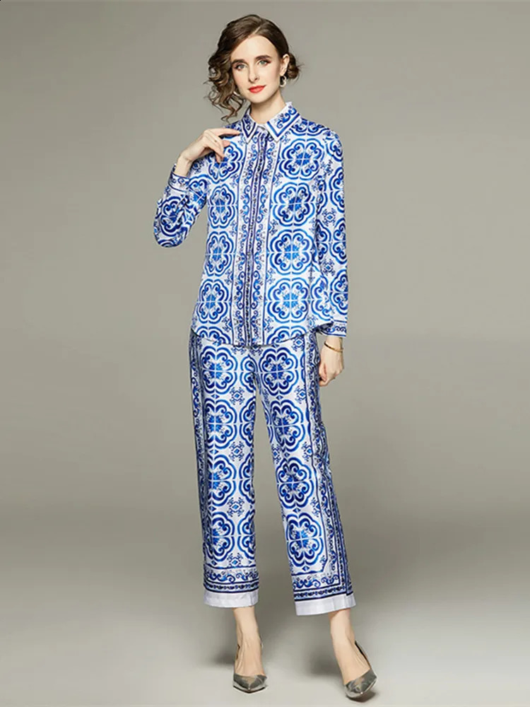 Spring Summer Blue And White Porcelain Flower Print Satin Suit Womens Long Sleeve Shirt Top Ankle Wide Leg Pants Set Outfits240730