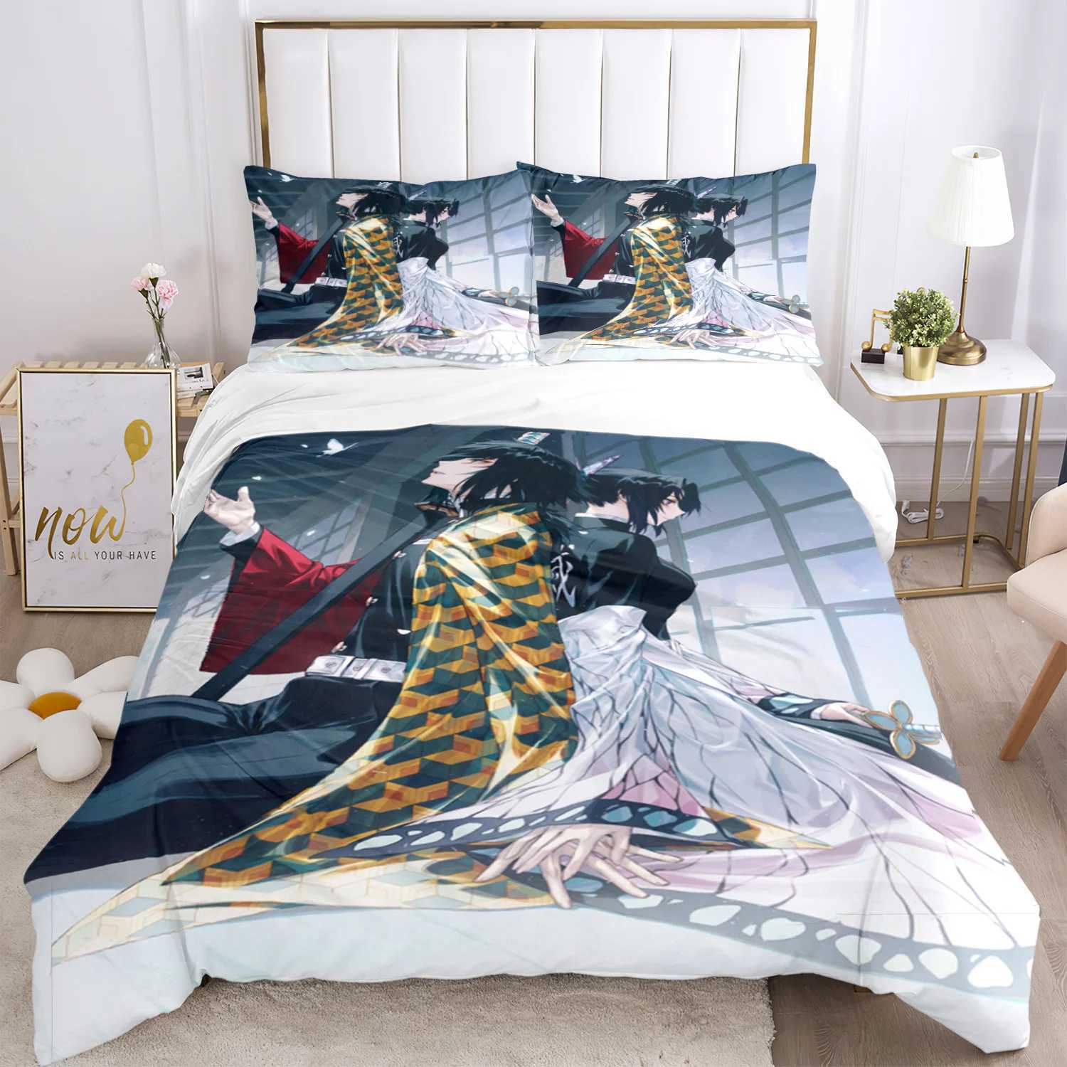 Anime Demon Slayer Print Bedding Set 2/3pieces Nezuko Bed Linen Queen Double Single King Size Duvet Cover Set Kids Adults Gift Y240730