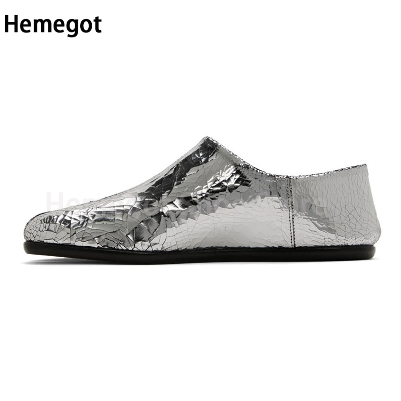 Split Toe Slip On Men Silver Leather Loafers Fashion Cattlehide Men Oxfords Shoes Lazy Flat Shoes Male Formal Party Shoes