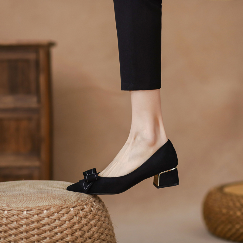 Plus Size 41 Women's Pumps Pointed Toe Mid Heels Dress Faux Suede Boat Shoes Sewing Bow Slip on atos Mujer Black 1243N