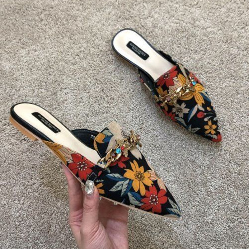 Women's ral Embroidered Metal Chain Mules Slippers Flats Low Heels Slides Summer Shoes Black 2024 4 4fe27