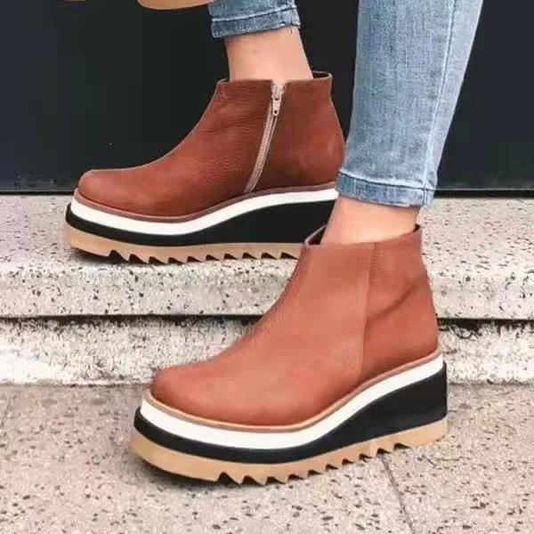 Leather Boots Women Platform Heels Ankle Boots Wedges Casual Fashion 2021 Booties Woman Punk Thick Bottom Shoes Zapatos De Mujer
